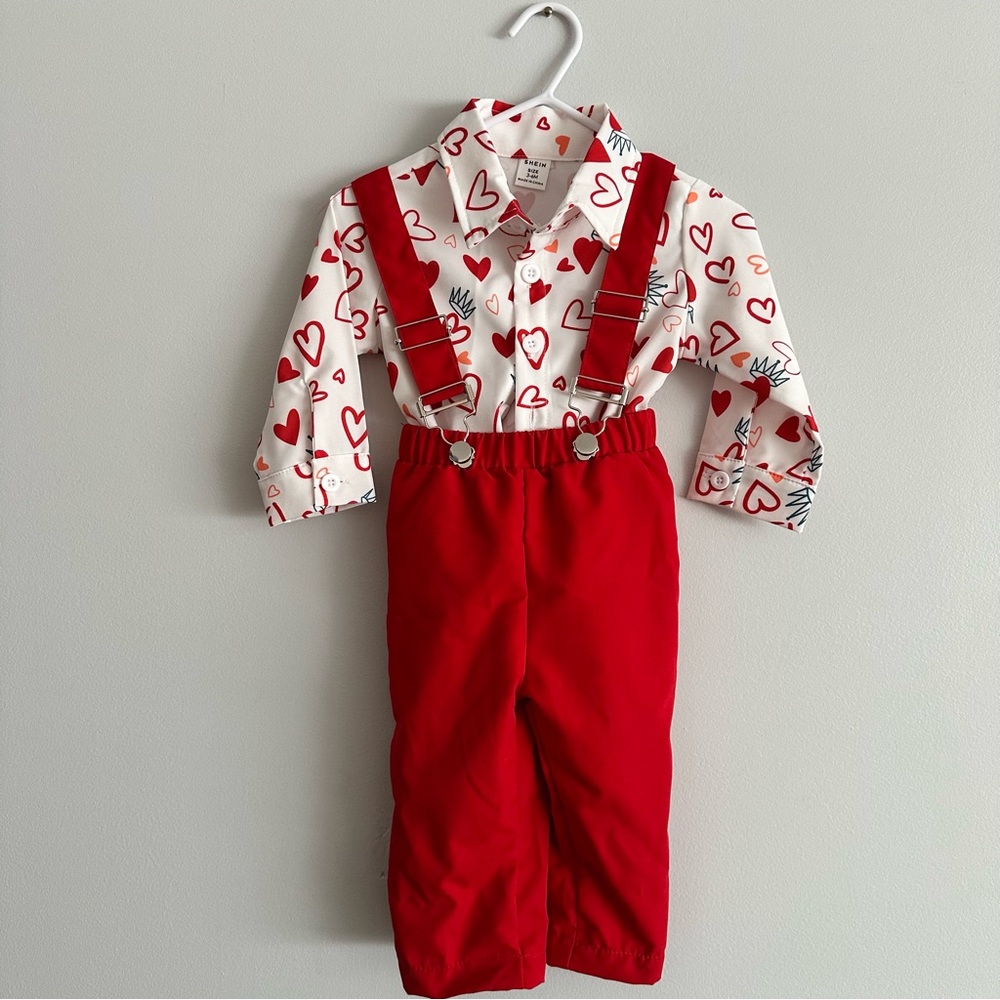 SHEIN Red Heart Print Shirt and Suspender Pants Set